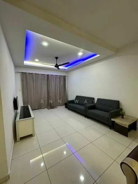 Living features: white painted walls, glossy tile flooring, tray ceiling with recessed lighting, 5-blade ceiling fan with light, two 3-seater fabric sofas in grey, TV console, wall-mounted TV, curtains, decorative plant on side table, coffee table; style: modern.