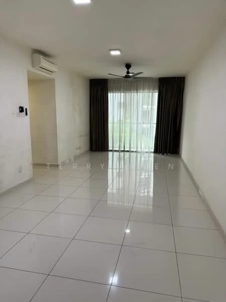 Living features: white painted walls, glossy ceramic tile flooring, 5-blade ceiling fan with light, floor-to-ceiling windows, sheer curtains, air conditioning unit, recessed LED downlights; style: modern; view: garden.