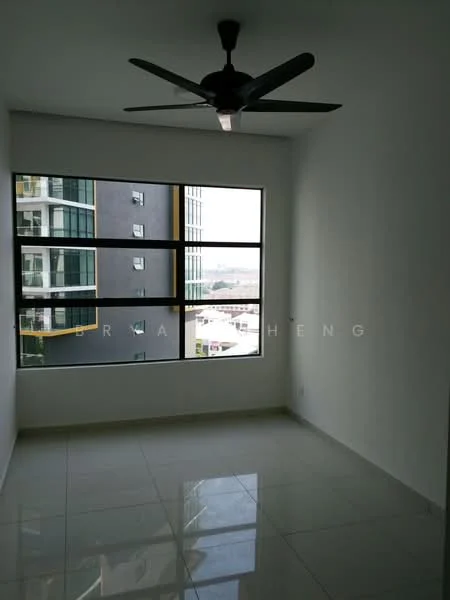Room features: white painted walls, glossy tile flooring, 5-blade ceiling fan with light, floor-to-ceiling windows, city view; style: modern; view: city.
