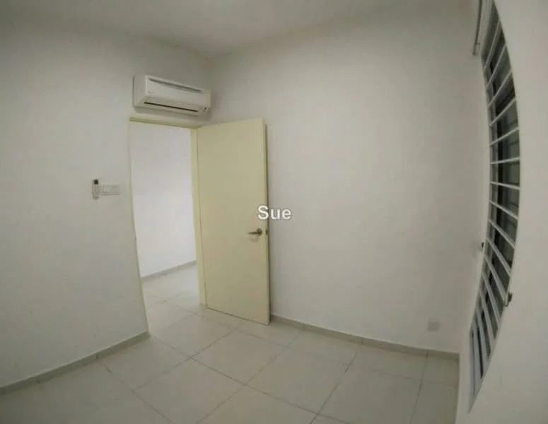 Room features: white painted walls, tile flooring, 1 wall-mounted split AC, door with handle, window with grille, neutral color scheme.