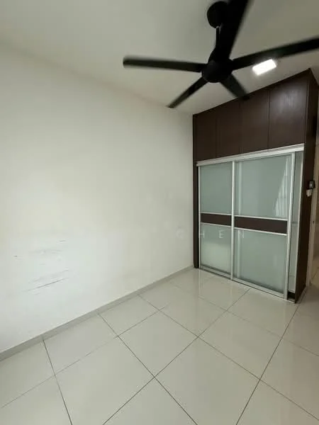 Room features: white painted walls, glossy ceramic tile flooring, 5-blade ceiling fan, built-in wardrobe with sliding doors, recessed ceiling lights; style: modern.