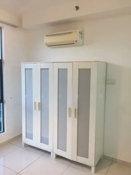 Room features: white cabinetry with glass doors, 1 wall-mounted split AC, white tiled flooring, neutral painted walls, large window with natural light; style: modern.