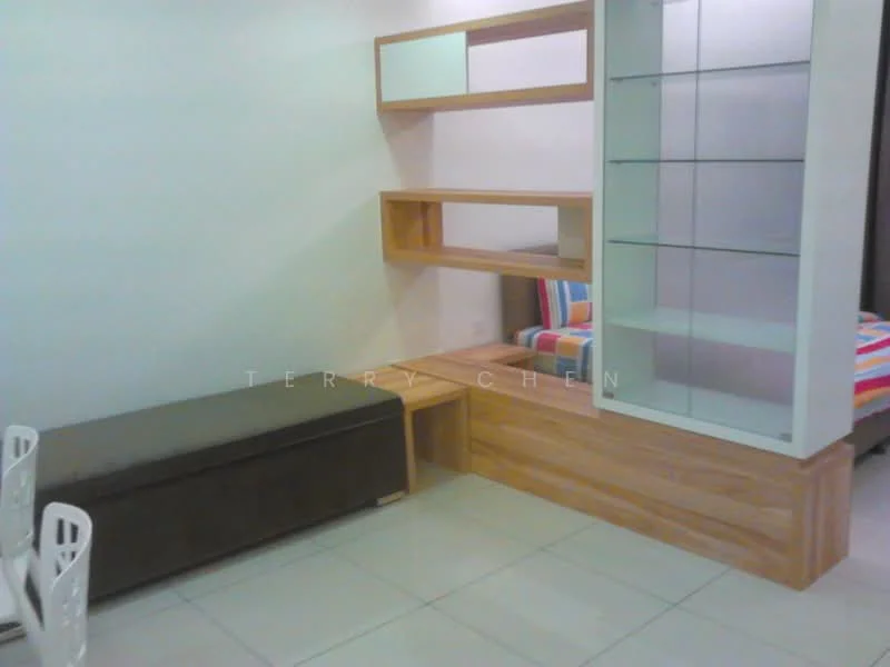 Room features: white painted walls, glossy tile flooring, built-in wooden shelving unit, mirror panel, wooden platform, upholstered bench, striped bedding, two white chairs; style: modern.