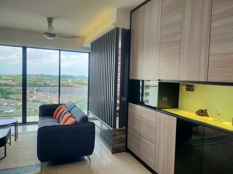 Living features: floor-to-ceiling windows, grey fabric sofa, orange and grey throw pillows, wood cabinetry, black countertop, recessed lighting, ceiling fan, decorative wall paneling, area rug with geometric pattern, view of city skyline; style: modern; view: city.