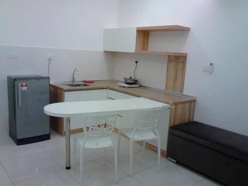 Kitchen features: single-bowl stainless-steel sink, chrome pull-down faucet, laminate countertop, white cabinetry, wood shelving, stainless-steel fridge, built-in stove, white tiled walls, glossy white floor tiles, 4 white plastic dining chairs, small dining table, grey upholstered bench, wall-mounted electrical outlets; style: modern.