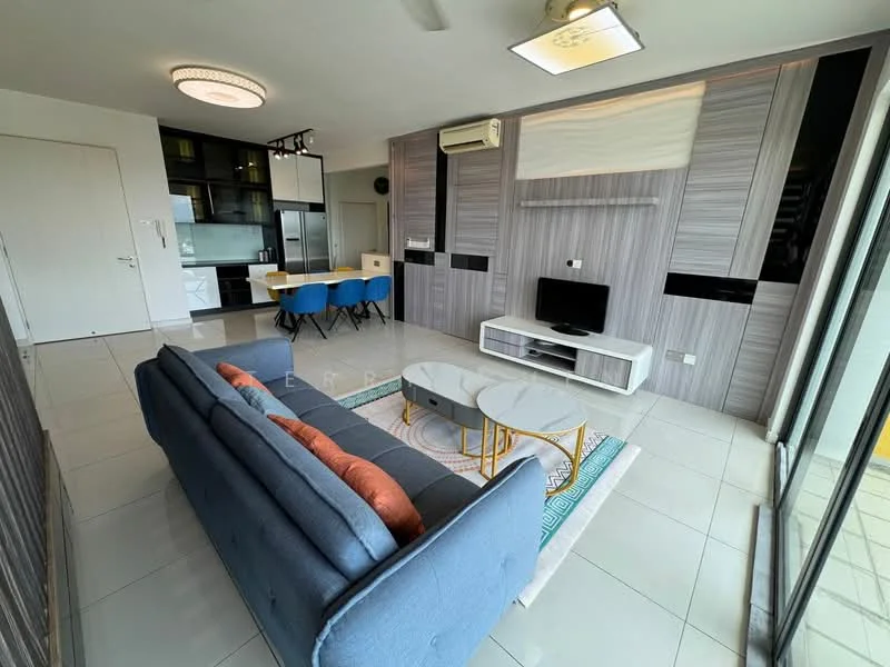 Living features: 3-seater fabric sofa in blue, orange accent cushions, coffee table with round glass top, TV console, wall-mounted TV, recessed downlights, air conditioning unit, sliding glass door, floor-to-ceiling windows, decorative area rug, dining table with blue chairs, kitchen cabinetry with black finish; style: modern; view: city.