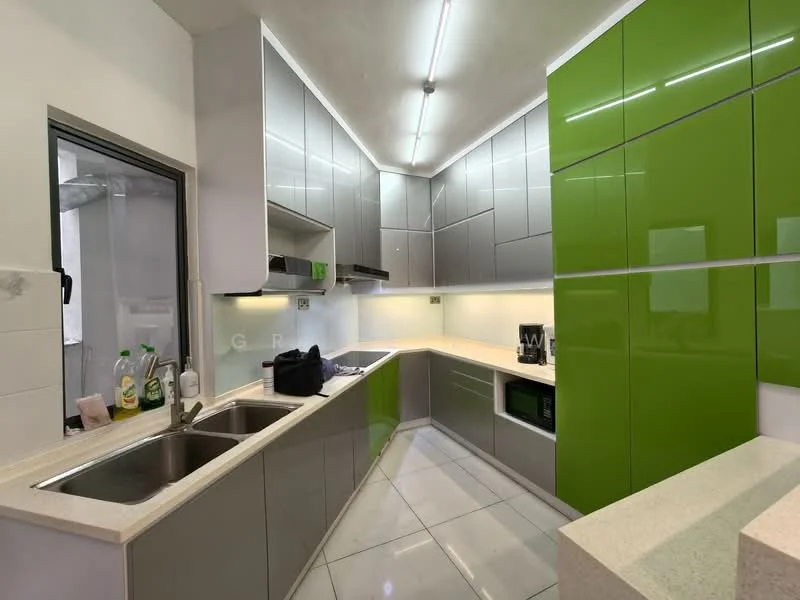 Kitchen features: L-shaped kitchen layout, green high-gloss cabinetry, grey flat-panel cabinets, stainless-steel sink, chrome pull-down faucet, black countertop, built-in microwave, built-in oven, ceramic tile flooring, recessed LED downlights, white tiled backsplash, open shelving, kitchen appliances visible; style: modern.