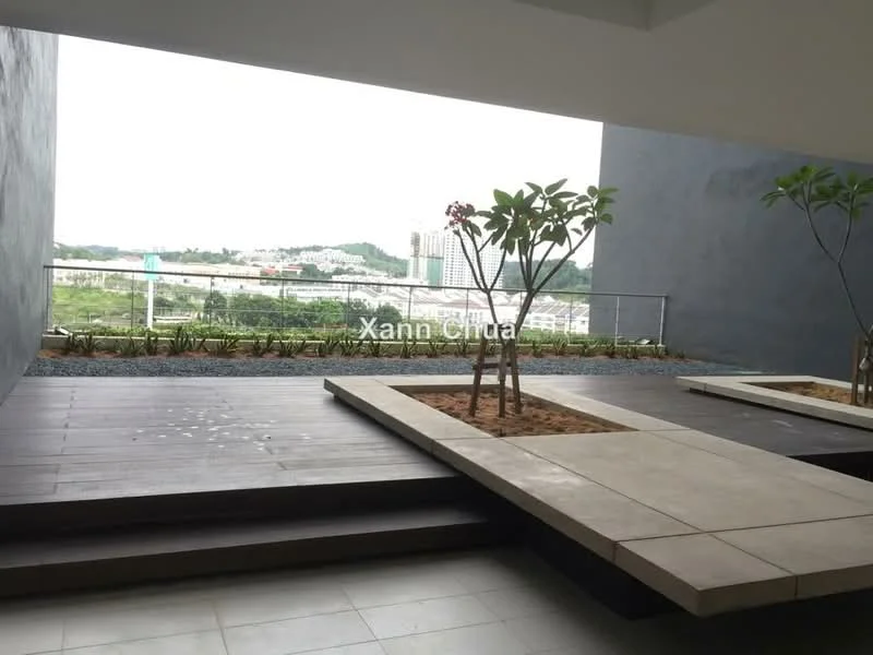 Exterior features: wooden decking, concrete pavers, landscaped garden beds, railings, city view, planter boxes with plants, gravel ground cover; style: modern.