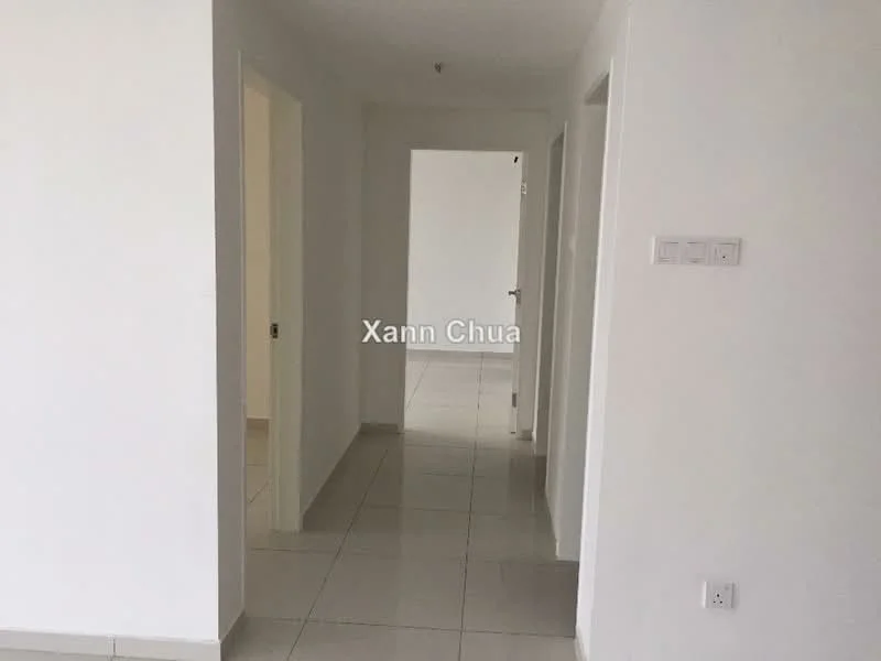 Room features: white painted walls, glossy ceramic tile flooring, door frames, light switch, door handle, neutral color scheme, open layout, no visible furniture; style: modern.