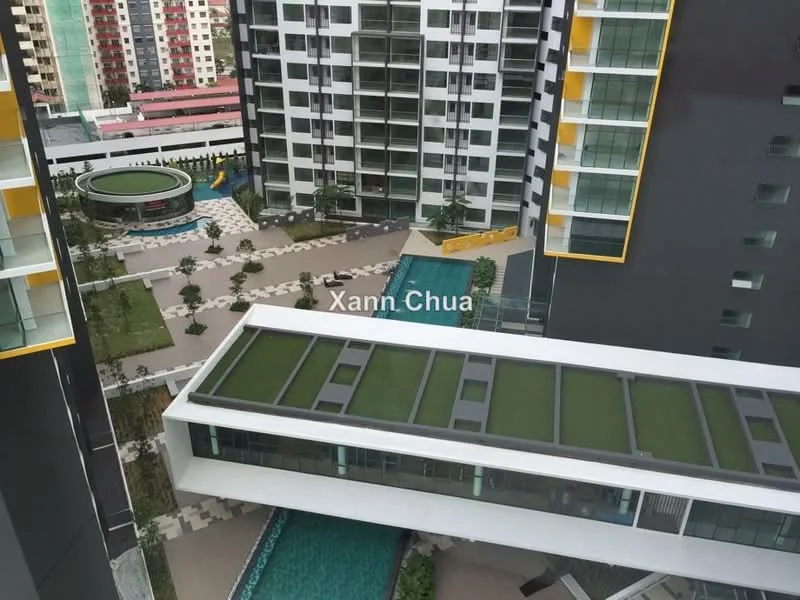 Exterior type: high-rise condominium; features: swimming pool, landscape garden, children's playground, manicured lawn, walkway with pavers, outdoor seating area, bridge connecting buildings, modern architecture, multiple storeys, greenery surrounding the pool; style: modern.