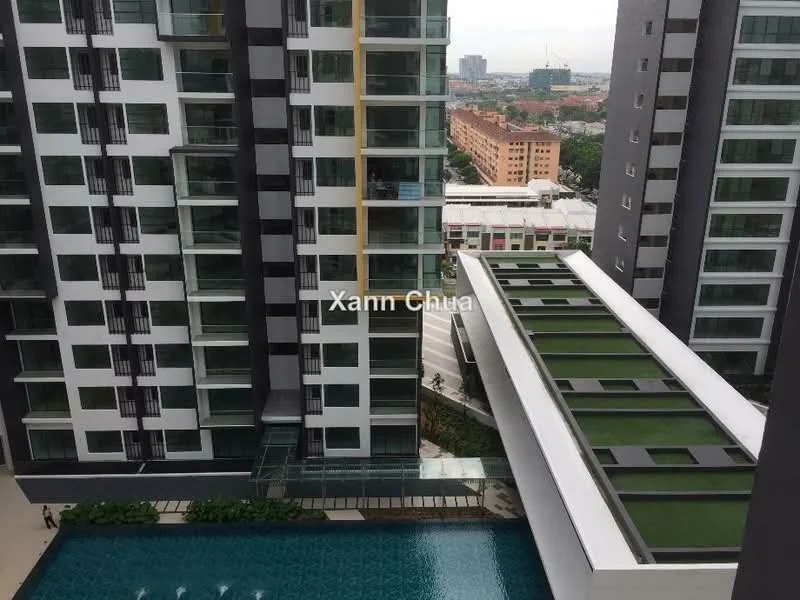 Exterior type: high-rise condominium; features: glass curtain wall, green rooftop terrace, swimming pool, manicured landscaping, surrounding urban view, multiple balconies, modern architectural design; style: contemporary.