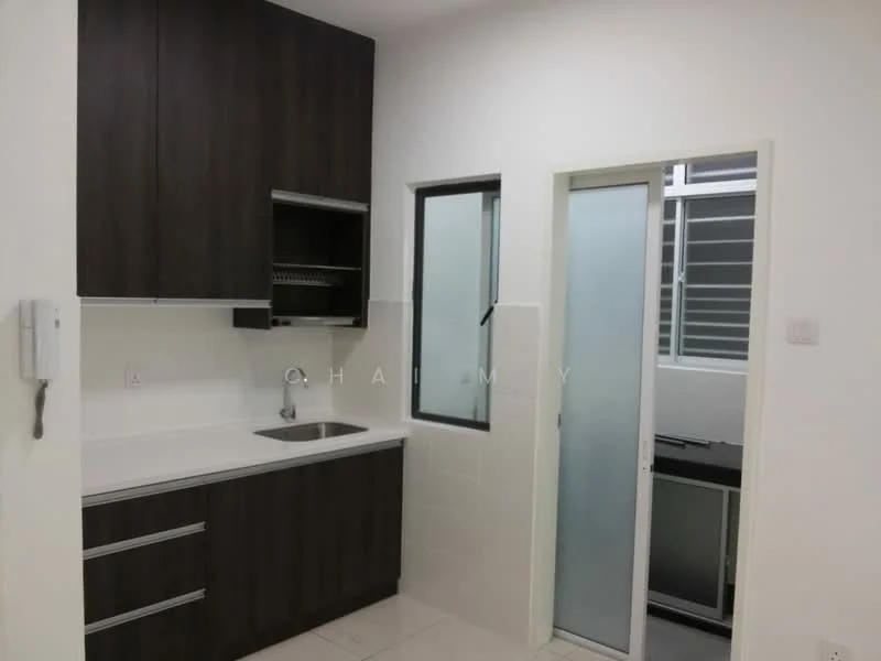 Kitchen features: white countertop, dark wood cabinetry, stainless-steel sink, chrome pull-down faucet, built-in shelving, tile backsplash, white tiled walls, ceramic tile flooring, window with metal frame, sliding glass door, under-cabinet lighting; style: modern.