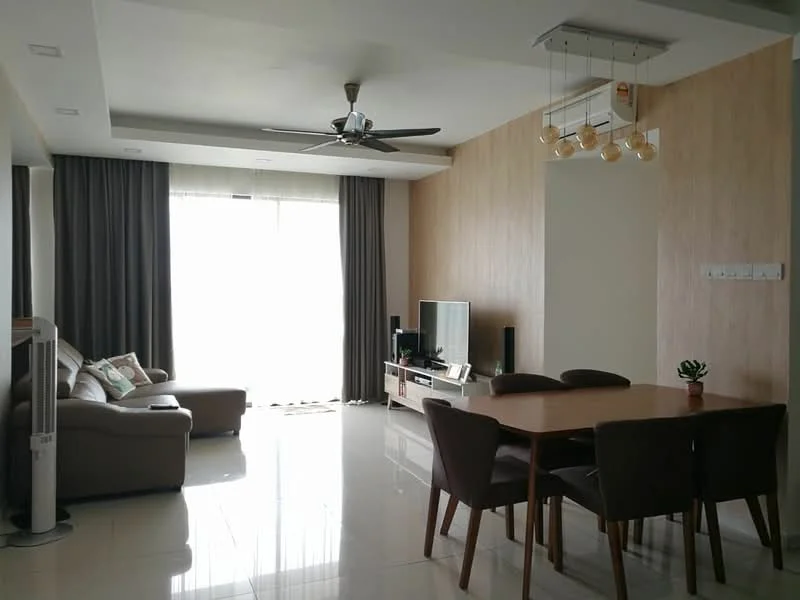 Living features: 3-seater leather sofa in beige, coffee table, wall-mounted TV, TV console, 5-blade ceiling fan with light, recessed downlights, floor-to-ceiling windows, sheer curtains, polished tile flooring, decorative plant on table, area rug, dining table with 4 chairs; style: modern.