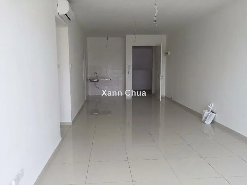 Room features: white painted walls, glossy ceramic tile flooring, 1 wall-mounted split AC, recessed downlights, kitchenette with sink, open layout, neutral color scheme, no visible furniture; style: modern.