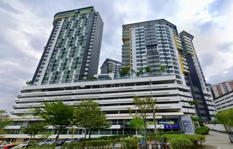 Exterior type: high-rise condominium; features: glass curtain wall, white painted facade, greenery on balconies, multiple storeys, underground parking, manicured landscaping, open-air parking lot, modern architectural design; style: modern.