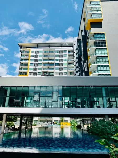 Exterior type: high-rise condominium; features: glass curtain wall, balconies with glass railings, swimming pool, outdoor seating area, manicured landscaping, modern architectural design, multiple storeys, yellow accent panels; style: modern.