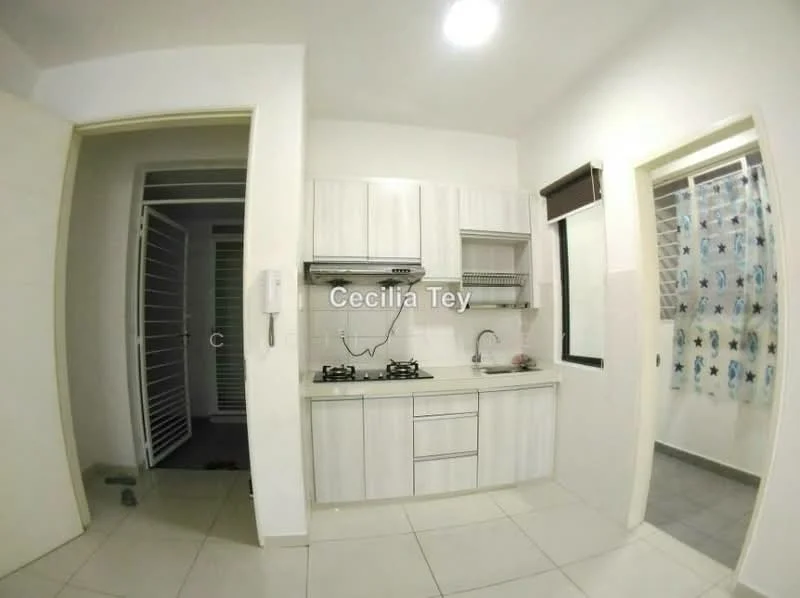 Kitchen features: white cabinetry, stainless-steel sink, chrome pull-down faucet, 2-burner gas hob, white tiled backsplash, white countertop, built-in shelves, window with sheer curtains, tile flooring; style: modern. Room features: white painted walls, doorway leading to another room, grey tile flooring.