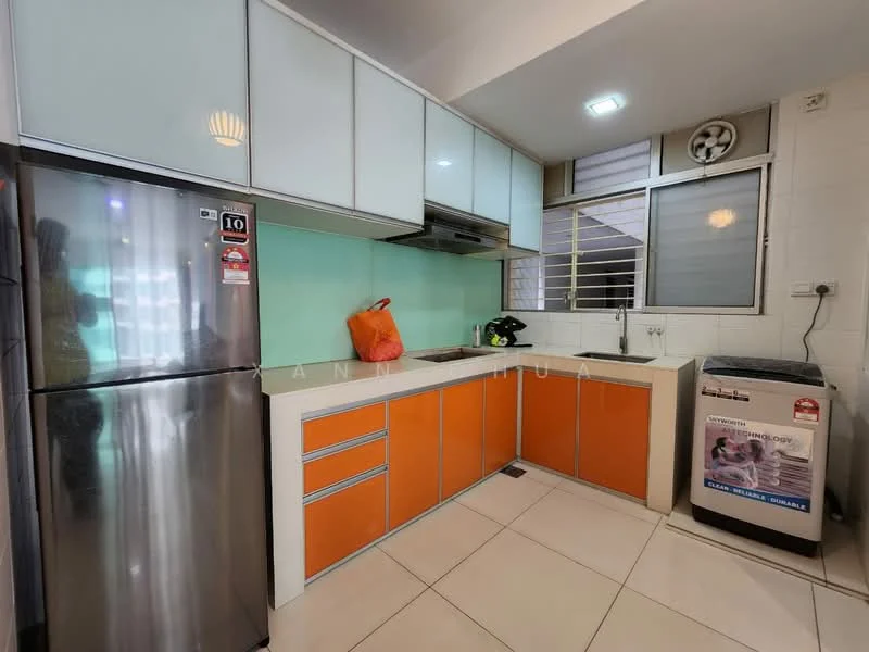 Kitchen features: orange cabinetry with white countertops, stainless-steel fridge, built-in oven, ceramic tile flooring, double-bowl stainless-steel sink, chrome pull-down faucet, window with horizontal blinds, exhaust fan, washing machine, wall-mounted cabinets, light fixture, white tiled backsplash; style: modern.