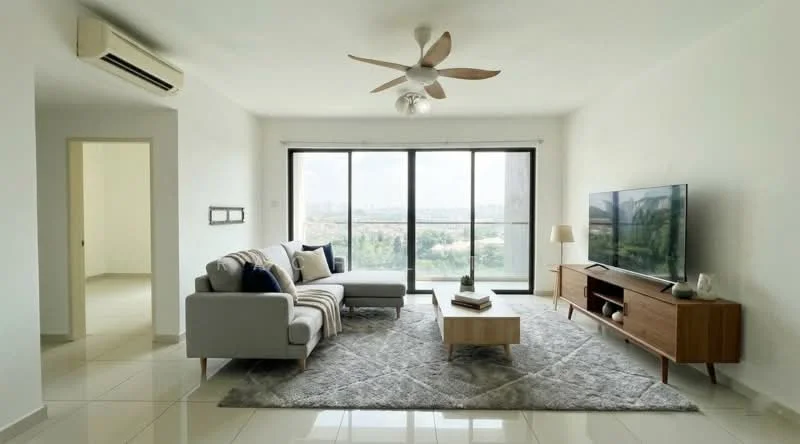 Living features: 3-seater fabric sofa in light grey, coffee table with wooden legs, TV console with wooden finish, wall-mounted flat-screen TV, area rug with geometric pattern, 5-blade ceiling fan with light, floor-to-ceiling windows, white painted walls, glossy tile flooring, decorative lamp on side table; style: modern; view: garden. Room features: doorway leading to another room, light from adjacent room.