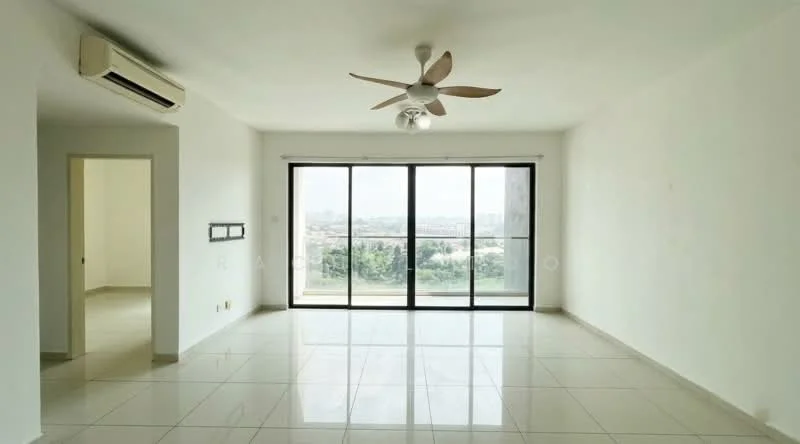 Living features: white painted walls, polished ceramic tile flooring, 5-blade ceiling fan with light, floor-to-ceiling windows, sliding glass door, city view, air conditioning unit, neutral color scheme; style: modern; view: city.