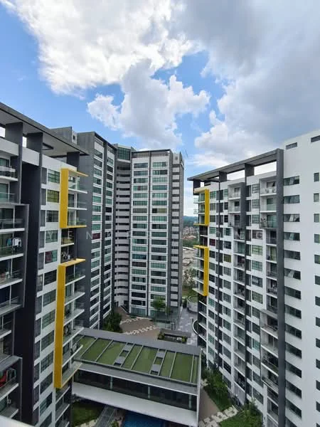 Exterior type: high-rise condominium; features: glass curtain wall, white painted facade, grey accent panels, yellow accent panels, multiple balconies, landscaped garden area, swimming pool deck, surrounded by greenery, urban skyline view, cloudy sky; style: modern.