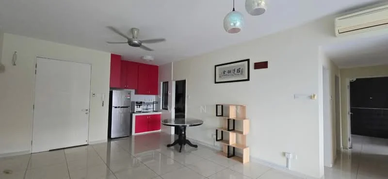 Living features: white painted walls, glossy tile flooring, 5-blade ceiling fan, recessed downlights, round dining table, black dining chairs, built-in shelving unit, kitchen with red cabinetry, stainless-steel appliances, open layout, large window, air conditioning unit; style: modern.