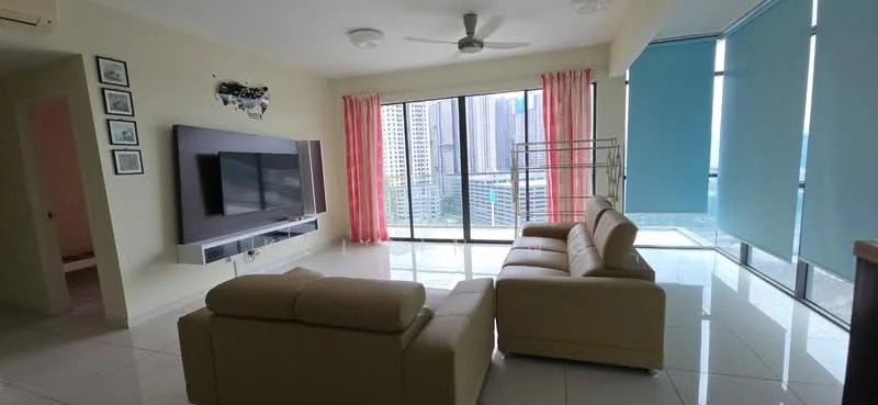 Living features: cream leather sofa, 3-seater sofa, wall-mounted TV, TV console, large floor-to-ceiling windows, city skyline view, white tiled flooring, recessed ceiling lights, ceiling fan, light pink curtains, decorative wall art; style: modern; view: city.