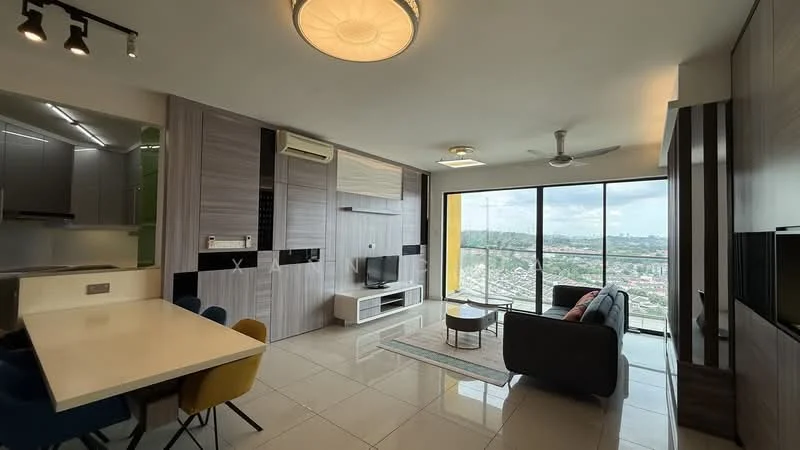 Living features: floor-to-ceiling windows, grey fabric sofa, coffee table, wall-mounted TV, entertainment unit, area rug, ceiling fan, recessed downlights, marble tile flooring, decorative wall paneling, view of city skyline, dining table with colorful chairs; style: modern; view: city.