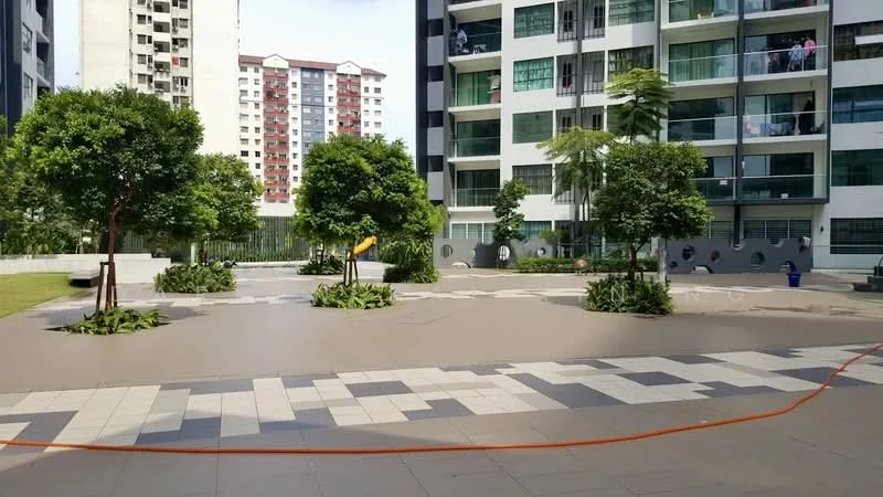 Exterior type: mid-rise condominium; features: landscaped garden, manicured lawn, mature trees, paved walkway, outdoor seating area, children's playground, water feature, surrounding greenery; style: modern.