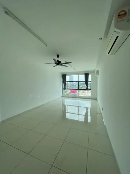 Living features: white painted walls, glossy ceramic tile flooring, 5-blade ceiling fan with light, floor-to-ceiling windows, blackout curtains, wall-mounted split AC, natural light from windows, open layout; style: modern; view: garden.