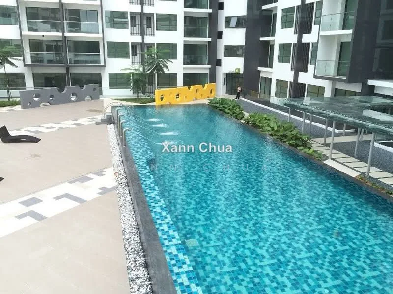 Exterior type: mid-rise condominium; features: infinity pool, pool deck with loungers, landscaped garden with plants, modern architecture, glass railings, tiled pool surface, surrounding greenery, decorative stone pathway; style: modern.