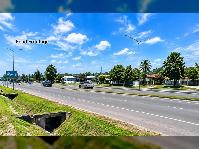 Exterior features: fronts a main road, road frontage, multi-lane paved roadway, streetlights along roadway, grassy roadside verge, concrete drainage culvert, suburban low-rise surroundings, mature trees, palm trees, scattered low-rise buildings, clear blue sky; style: contemporary.