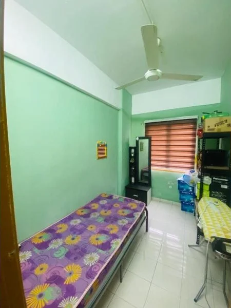 Bedroom features: green painted walls, sloped ceiling, single bed with purple floral bedding, ceiling fan, window with brown horizontal blinds, built-in wardrobe, shelving unit, floor tiles, decorative wall art.