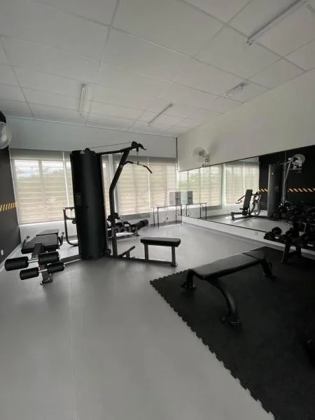 Room features: gym equipment, weight bench, multi-station gym machine, free weights, rubber flooring, large windows with blinds, ceiling fans, mirrored wall, black exercise mat; style: modern; view: garden.