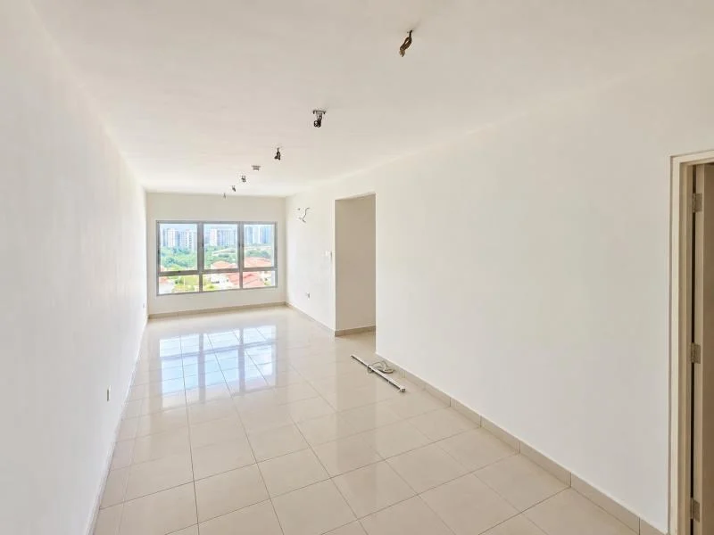 Living features: white painted walls, beige ceramic tile flooring, plain white ceiling, track lighting with multiple spotlights, large rectangular window, aluminum window frames, city view through window, open doorway to adjacent room, bare unfurnished room, long narrow layout, glossy floor reflections, white baseboards, neutral beige wall trim, single electrical outlet visible, door frame at right side; style: modern; view: city.