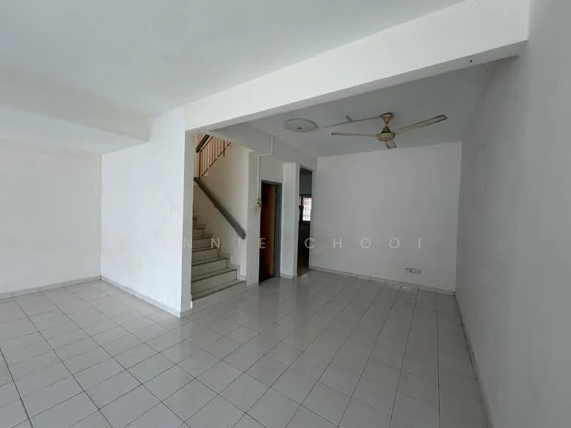 Living features: white painted walls, ceramic tile flooring, 5-blade ceiling fan, recessed downlights, staircase leading to upper floor, doorway to adjacent room, window for natural light, open layout; style: minimalist.