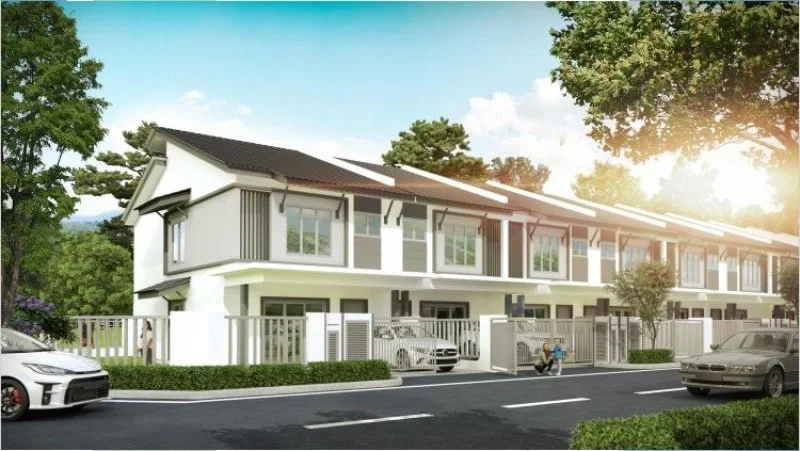 Exterior type: linked terrace house; features: two-storey building, white painted facade, grey accent panels, pitched tile roof, manicured lawn, landscaped garden, driveway with interlocking pavers, two car porches, fenced perimeter, large windows, balconies on upper floor, surrounded by mature trees; style: modern.