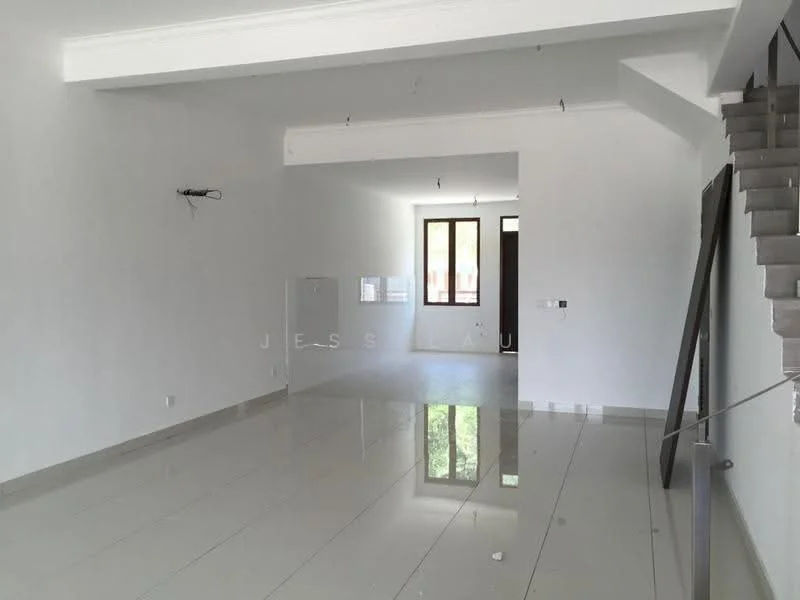 Room features: white painted walls, polished ceramic tile flooring, large windows, staircase visible, recessed downlights, ceiling with crown moulding, open layout, no visible furniture; style: modern; view: garden.