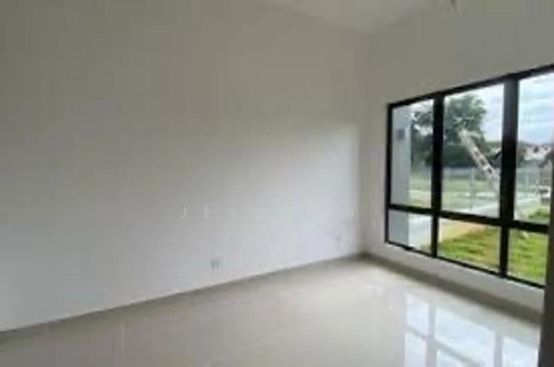 Room features: white painted walls, glossy tile flooring, large floor-to-ceiling windows, natural light from window, view of outdoor space; view: garden.