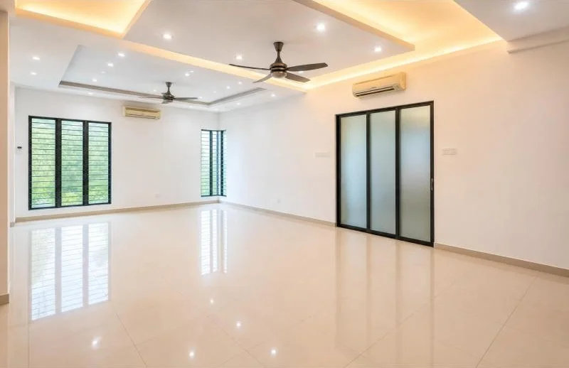 Living features: white painted walls, glossy cream tile flooring, tray ceiling, recessed downlights, warm cove lighting, 2 ceiling fans, 2 wall-mounted split ACs, large black-framed windows, frosted glass sliding door, sliding glass door, minimalist empty room; style: modern; view: garden.