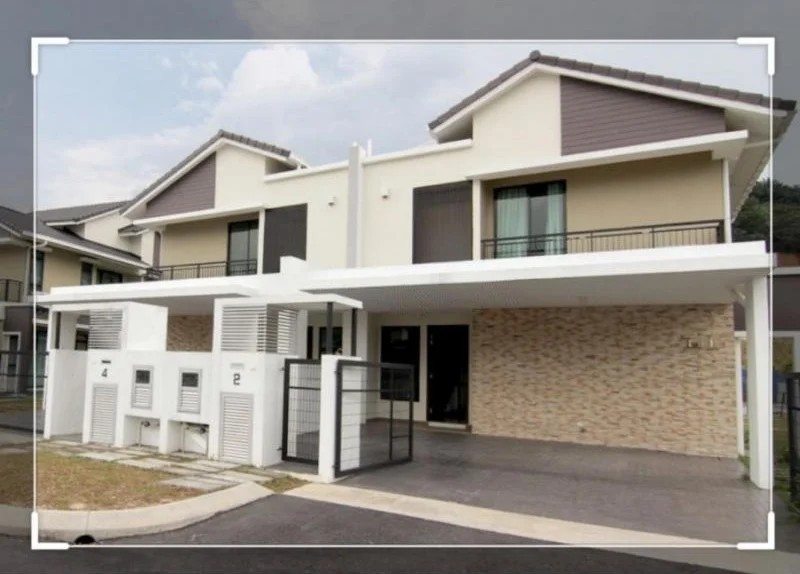 Exterior type: linked terrace house; features: two-storey building, cream painted facade, brown accent panels, exposed brick cladding, flat roof, covered car porch, three air conditioning units visible, balcony with railing, manicured lawn, paved driveway, glass sliding door, windows with black frames; style: modern.