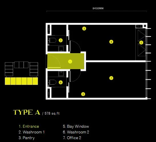 Floor plan: 2-bedroom 2-bathroom unit; features: open-plan layout, entrance area, pantry, two washrooms, two offices, bay window in living area, designated areas for furniture.
