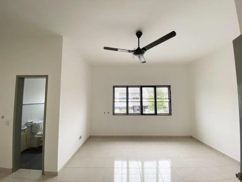 Living features: white painted walls, tile flooring, 5-blade ceiling fan, large windows, natural light, neutral color scheme, no visible furniture, open layout; style: modern. Room features: toilet visible in adjacent room, plumbing fixtures visible.