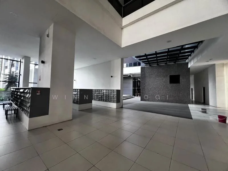 Room features: white walls, grey tiled flooring, high ceiling, large windows, open layout, concrete columns, indoor mailboxes, grey accent wall, glass roof structure, minimalist design; style: modern; view: courtyard.