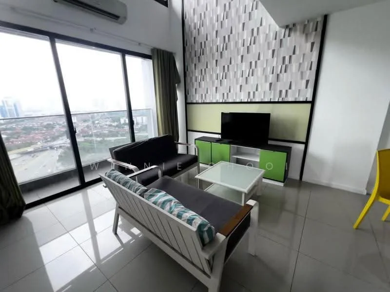 Living features: floor-to-ceiling windows, grey tiled flooring, white walls, accent wall with geometric pattern, 2-seater white sofa, 3-seater white sofa with patterned cushions, glass coffee table, TV console in green and white, wall-mounted TV, curtains in green, air conditioning unit, decorative wall panel; style: modern; view: city.