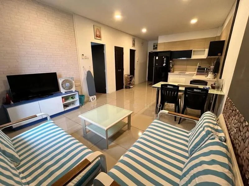 Living features: striped fabric sofa, glass coffee table, wall-mounted TV, white TV console, ceramic tile flooring, white painted walls, recessed downlights, ceiling fan, air conditioning unit, decorative wall art, open kitchen layout; style: modern. Kitchen features: black refrigerator, built-in oven, ceramic cooktop, white cabinetry, countertop with breakfast bar, stainless-steel sink, chrome pull-down faucet; style: modern.