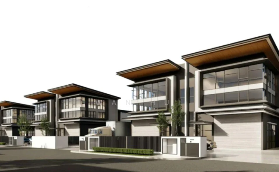Exterior type: linked terrace house; features: modern facade with large windows, flat roof with overhang, two-storey structure, grey painted walls, wooden accents on roof, manicured lawn in front, driveway with interlocking pavers, gated entry, surrounded by greenery; style: modern.