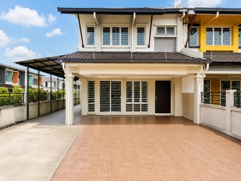 Exterior type: linked terrace house; features: double-storey, cream painted facade, white painted facade, dark tiled pitched roof, projecting balconies, covered car porch, double-width driveway, tiled driveway flooring, concrete driveway section, metal railing fence, sliding windows with security grilles, front entrance door, side covered walkway, neighbouring terrace houses, fronts a quiet residential street; style: contemporary.