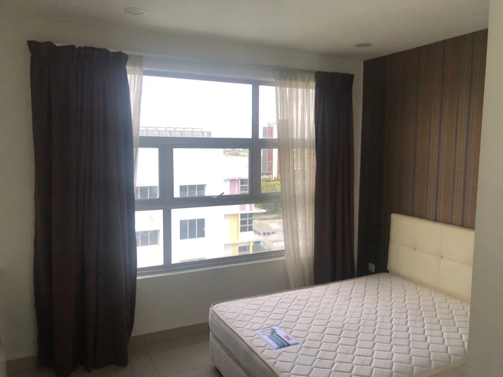 Bedroom features: queen-size bed, upholstered headboard, floor-to-ceiling windows, sheer curtains, blackout curtains, striped accent wall, white painted walls, tile flooring, light ceiling, no visible storage; style: modern; view: city.