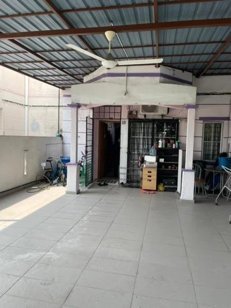 Room features: grey tiled flooring, metal roof, ceiling fan, open space, exposed beams, white painted walls, doorway leading to interior, metal gate, outdoor furniture, utility area with storage, bicycle storage; style: modern.